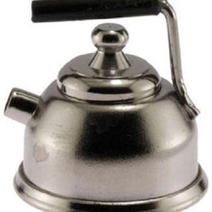 May include: A miniature silver-colored kettle with a black handle and spout. The kettle has a rounded body, a lid with a small knob, and a curved handle. The design is simple and classic, suitable for a dollhouse or miniature collection.