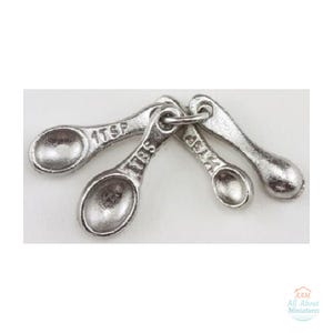 May include: A set of three miniature silver-toned measuring spoons connected by a small metal ring. The spoons are embossed with the text 1 TSP, 1 TBS, and 1/2 TSP. The metal has a textured, matte finish, and the spoons are arranged in a fan shape.