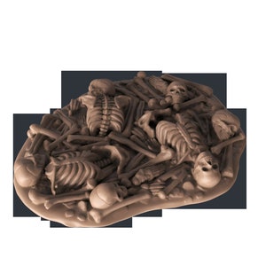May include: A pile of human bones and skulls, arranged in a haphazard manner. The bones are a light brown color and appear to be made of plastic.