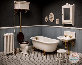 Chrysnbon Victorian Bathroom Kit – 1:12 Scale Dollhouse Miniature – Clawfoot Tub Sink Toilet – DIY Furniture Set