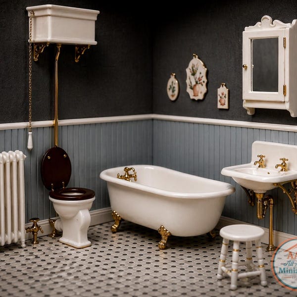 Chrysnbon Victorian Bathroom Kit – 1:12 Scale Dollhouse Miniature – Clawfoot Tub Sink Toilet – DIY Furniture Set