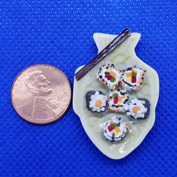 Dollhouse Miniature Handmade Sushi on Fish Plate - 1:12 Scale