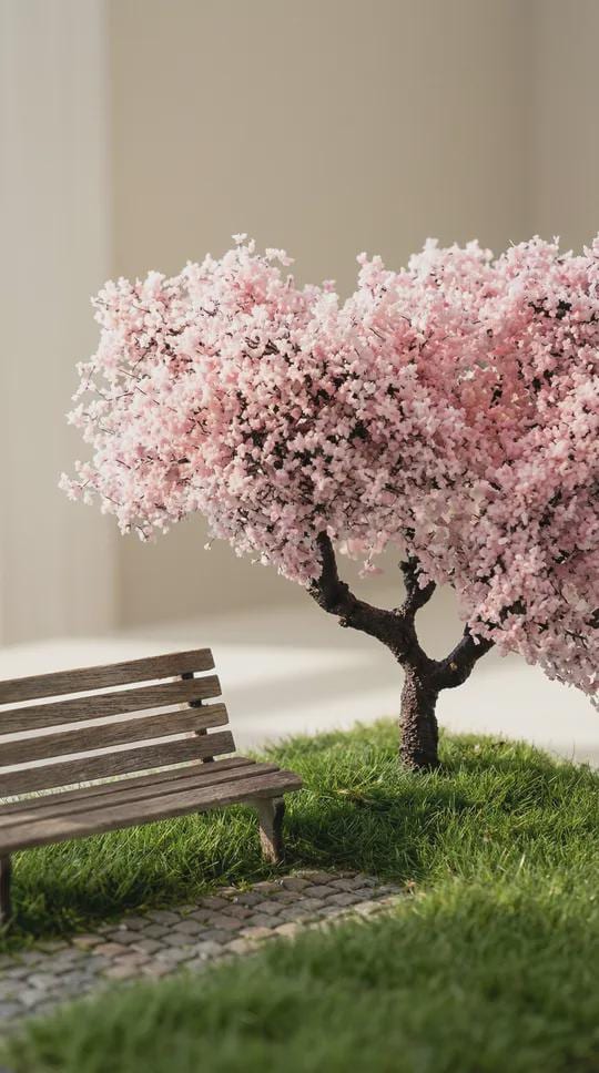 ドールハウス用ミニチュア手作り桜の木 - 高さ4インチ（約10cm）、支柱