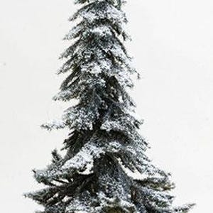 May include: A miniature artificial evergreen tree featuring dark green needles dusted with white flocking to simulate snow. The conical tree is attached to a brown, cylindrical stem base, creating a vertical, pointed silhouette for decorative use.