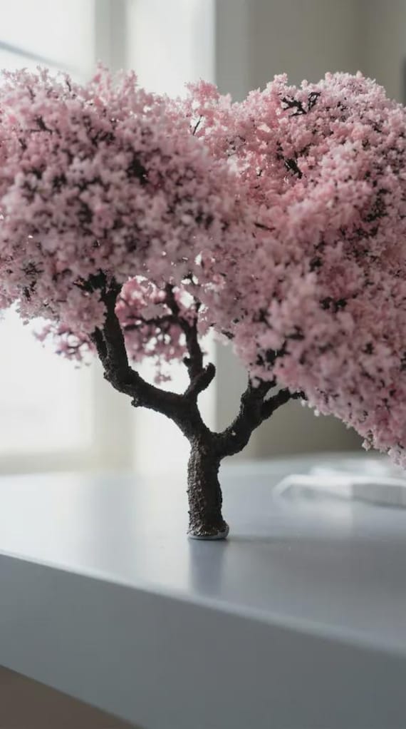 ドールハウス用ミニチュア手作り桜の木 - 高さ4インチ（約10cm）、支柱