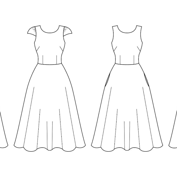 Dora - Une robe patineuse PDF Patron de couture - Patron classique, Patron de robe patineuse, Patron de robe ajustée, Patron de couture de robe, PDF classique
