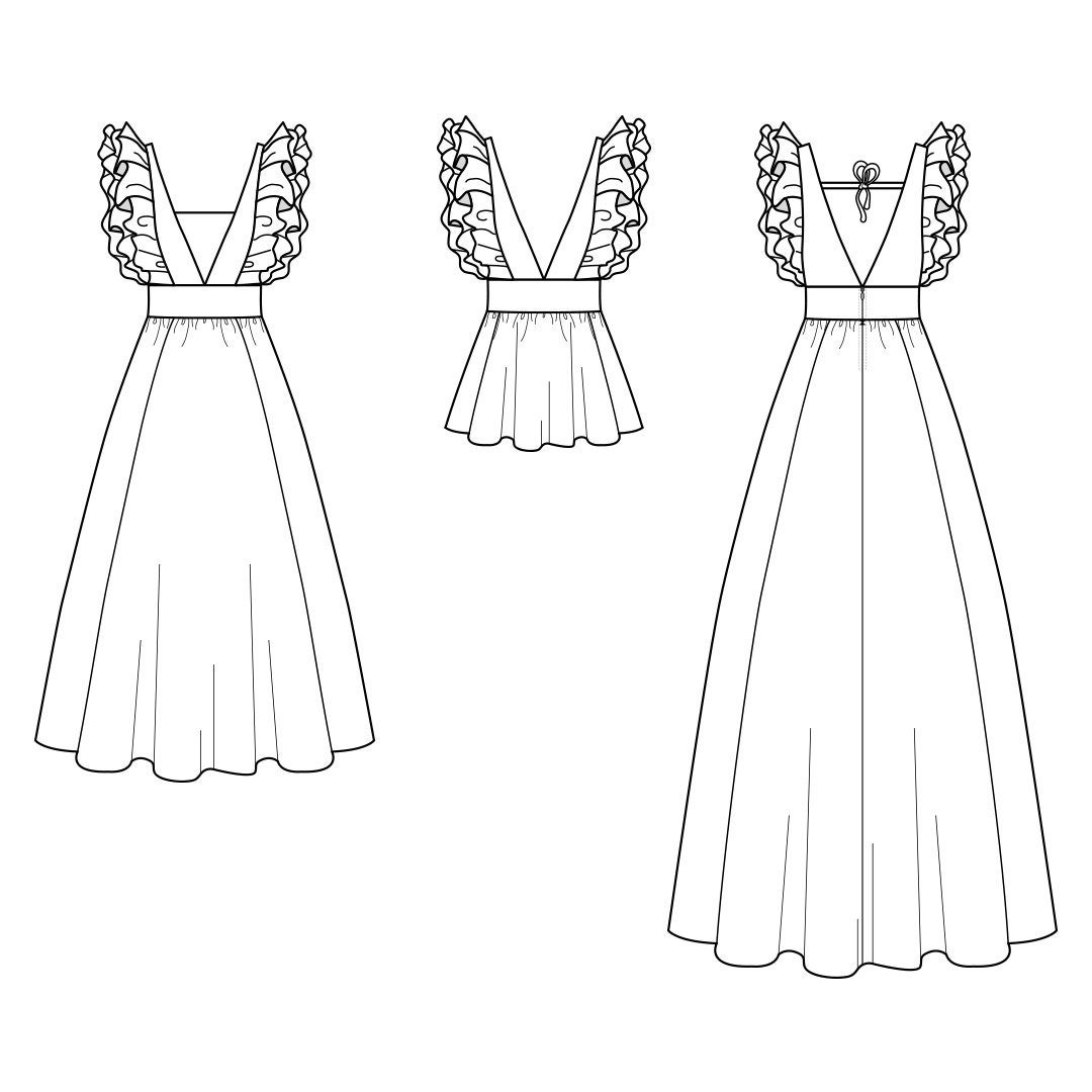 Vector dress sketch, V-neck dress technical... - Stock Illustration  [96334375] - PIXTA