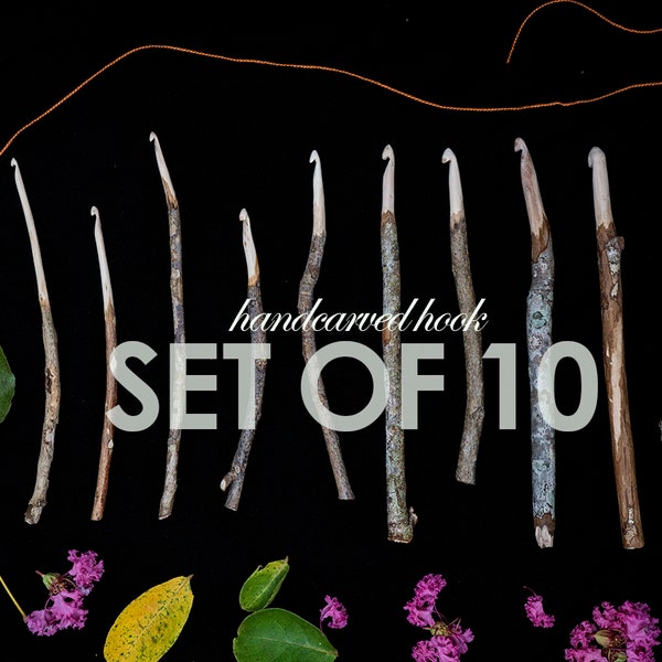 Set of 10 Hand Carved Barky Handled Rustic Crochet Hooks (Made to Order)