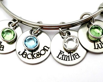 Personalized Names Bangle Bracelet or Necklace -Names Birthstone Bangle - Grandma Jewelry - Mom Jewelry - Brag Bracelet