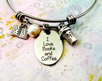 I Love Books and Coffee Bracelet or Necklace, Book Lover, Coffee Lover, Books Jewelry, Coffee Jewelry, Coffee Lover Gift, Book Lover Gift