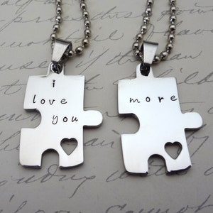 Couples Necklace  Set, I Love You More Puzzle Piece - Custom - His & Hers- Fiance BFF Boyfriend Husband Partner Fathers Day Valentine&#39;s Day