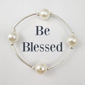 BEST SELLER Be Blessed Bracelet with Creamy White Pearls on Sterling Silver Plated Curved Beads Inspiration Jewelry image 4