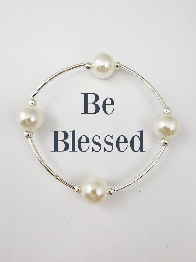 BEST SELLER Be Blessed Bracelet with Creamy White Pearls on Sterling Silver Plated Curved Beads Inspiration Jewelry image 4