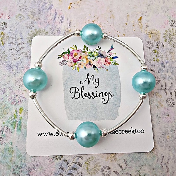 Be Blessed Bracelet with Aqua Blue Pearls on Sterling Silver Plated Curved Beads Inspiration Jewelry