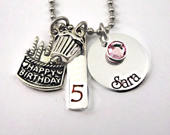 Birthday Girl Necklace •  Girls Age Birthstone Jewelry • Birthday Party Favor - Birthday Gift for Daughter Granddaughter  Cake Cupcake