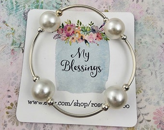 BEST SELLER! Be Blessed Bracelet with Creamy White Pearls on Sterling Silver Plated Curved Beads Inspiration Jewelry