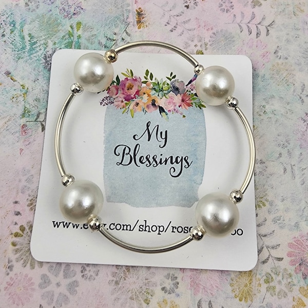 BEST SELLER! Be Blessed Bracelet with Creamy White Pearls on Sterling Silver Plated Curved Beads Inspiration Jewelry