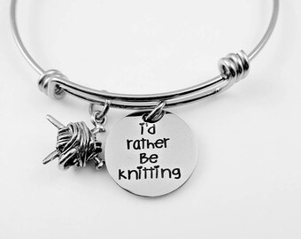 Knit - I'd Rather Be Knitting Bangle Bracelet or Necklace - Knitter Yarn - Mom Grandma Friend