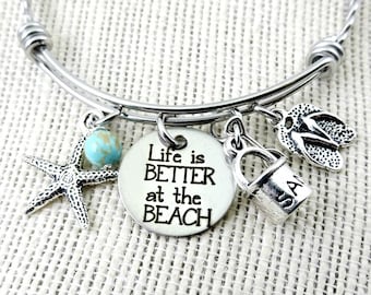 Life Is Better at the BEACH Bangle Bracelet or Necklace  - Toes In the Sand Collection - Engraved - Flip Flops Starfish Sand Pail