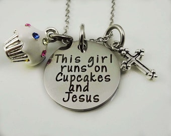 Jesus Cupcakes Necklace Girl - Custom Engraved Name -  Spiritual Religious Jewelry - Cross Necklace Catholic - Christian