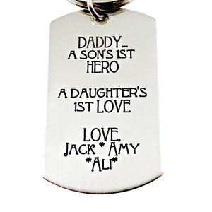 Daddy Keychain - A Son's First HERO, A Daughter's First Love - Engraved Fathers Day Gift - Daddy Christmas Gift - Personalized Names