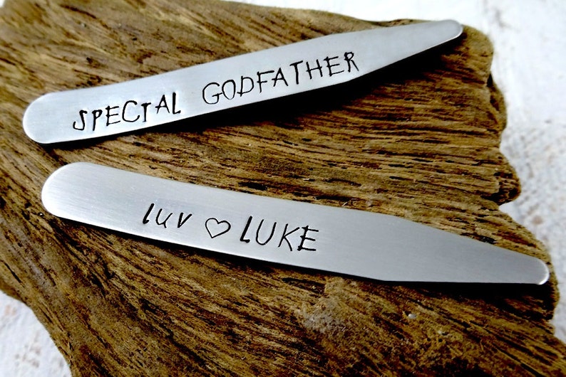 Special Godfather Personalized Stainless Collar Stays Set of Two Engraved Father's Day Grandpa Dad Men's Gift image 1