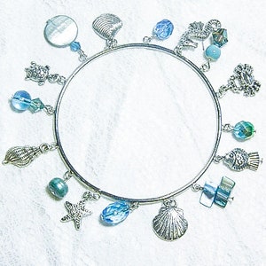 May include: A silver charm bracelet with a variety of sea-themed charms, including seashells, starfish, fish, and seahorses. The bracelet is adorned with blue and green glass beads.
