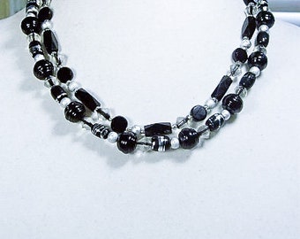 Cynthia Lynn "OUT & ABOUT" Black and Silver Glass Bead Double Strand Necklace 16-18"