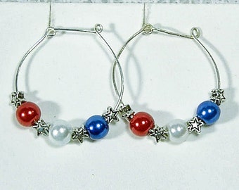 Cynthia Lynn "GIVE ME LIBERTY" Patriotic Red White & Blue Glass Bead and Silver Star Hoops 1.25 "