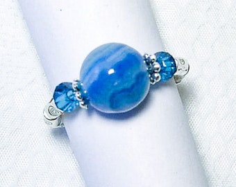 Cynthia Lynn "INDIGO SPLASH" Blue Stripe Agate Beaded Silver Stretch Ring