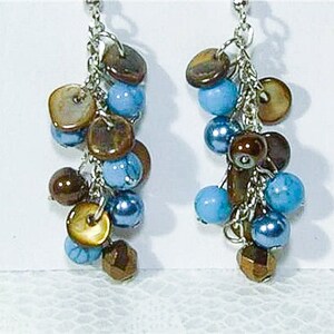 May include: A pair of dangle earrings with brown and blue beads. The earrings are made of metal and have a chain-like design.