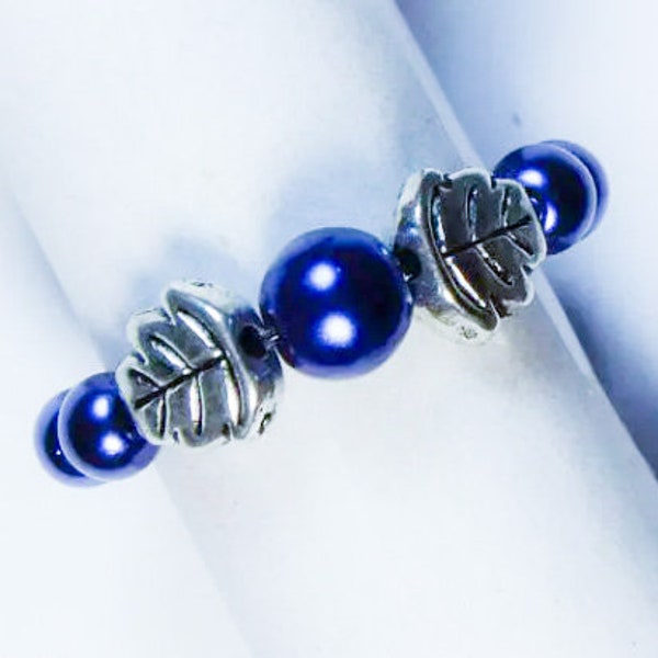 Cynthia Lynn "AUTUMN PEARLS" Silver Leaf and Blue Glass Pearl Stretch Ring - 12 Colors!!