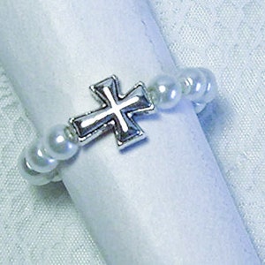 Cynthia Lynn "SACRIFICE" Silver Plated White Glass Pearl Beaded Christian Cross Ring