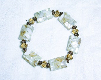 Cynthia Lynn "TIMELESS" Vintage Bronze Mother of Pearl Golden Crystal Stretch  Bracelet 7.5"