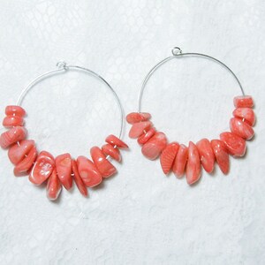 Cynthia Lynn &quot;STRAWBERRY SMOOTHIE&quot; Pink Coral Bead Silver Plated Hoop Earrings 1.5&quot;