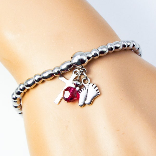 Cynthia Lynn "Wonderfully Made" Silver Stainless Steel Christian, Pro-Life, Birthstone Stretch Charm Bracelet