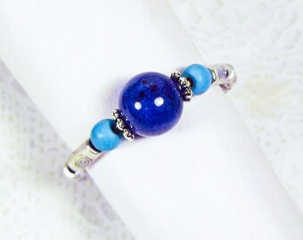 Cynthia Lynn "END OF SUMMER" Blue Lapis Lazuli and Turquoise Howlite Beaded Silver Stretch Ring