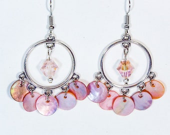 Cynthia Lynn "PINK SANDY BEACH" Pink Shell and Crystal Silver Chandelier Earrings