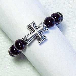 Cynthia Lynn "SACRIFICE" Silver Plated Black Onyx Beaded Christian Cross Ring