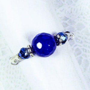 Cynthia Lynn "SEPTEMBER'S CHILD" Ladies' September Birthstone Faceted Blue Sapphire and Glass Crystal Silver Beaded Stretch Ring