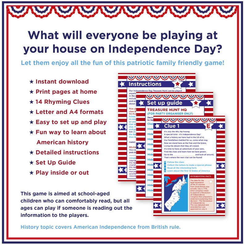 May include: A patriotic Independence Day treasure hunt game with instructions, clues, and a setup guide. Features include instant download, rhyming clues, and American history facts. Perfect for family fun.