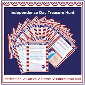 May include: A patriotic Independence Day Treasure Hunt set with red, white, and blue designs. The set includes clue cards, instructions, and a setup guide. The cards are decorated with stars and stripes, perfect for parties, games, and educational use.