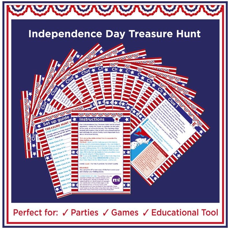 May include: A patriotic Independence Day Treasure Hunt set with red, white, and blue designs. The set includes clue cards, instructions, and a setup guide. The cards are decorated with stars and stripes, perfect for parties, games, and educational use.