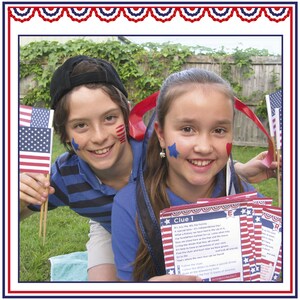 May include: Two smiling children with face paint and American flags. One holds a stack of clue cards with text about the 4th of July. The image has a red, white, and blue border.