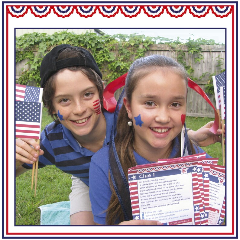 May include: Two smiling children with face paint and American flags. One holds a stack of clue cards with text about the 4th of July. The image has a red, white, and blue border.