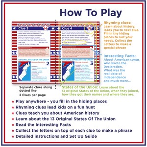 May include: A colorful educational game titled "How To Play" with clues about American history. The game includes rhyming clues, interesting facts, and information on the 13 original states of the Union. The game is designed to be fun and educational.