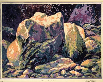 River Rocks Woodcut Print: Hand-Inked Color Art (14x17)