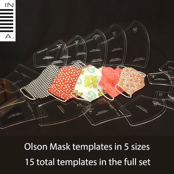 Olson Face Mask Pattern Acrylic Templates - 5 sizes for Adult and Child - Face mask sewing templates with filter pocket