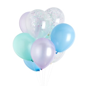 May include: A bunch of pastel coloured balloons, including light blue, lavender, and mint green. Some of the balloons have confetti inside.