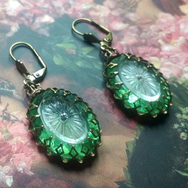 Lalique Spring,antique glass button earrings with antique camphor stones